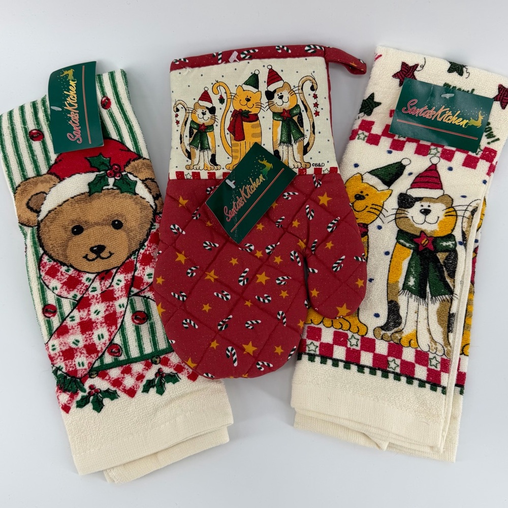 Vintage Holiday Cats Teddy Bear Two Dish Towels & Oven Mitt Set, NWT